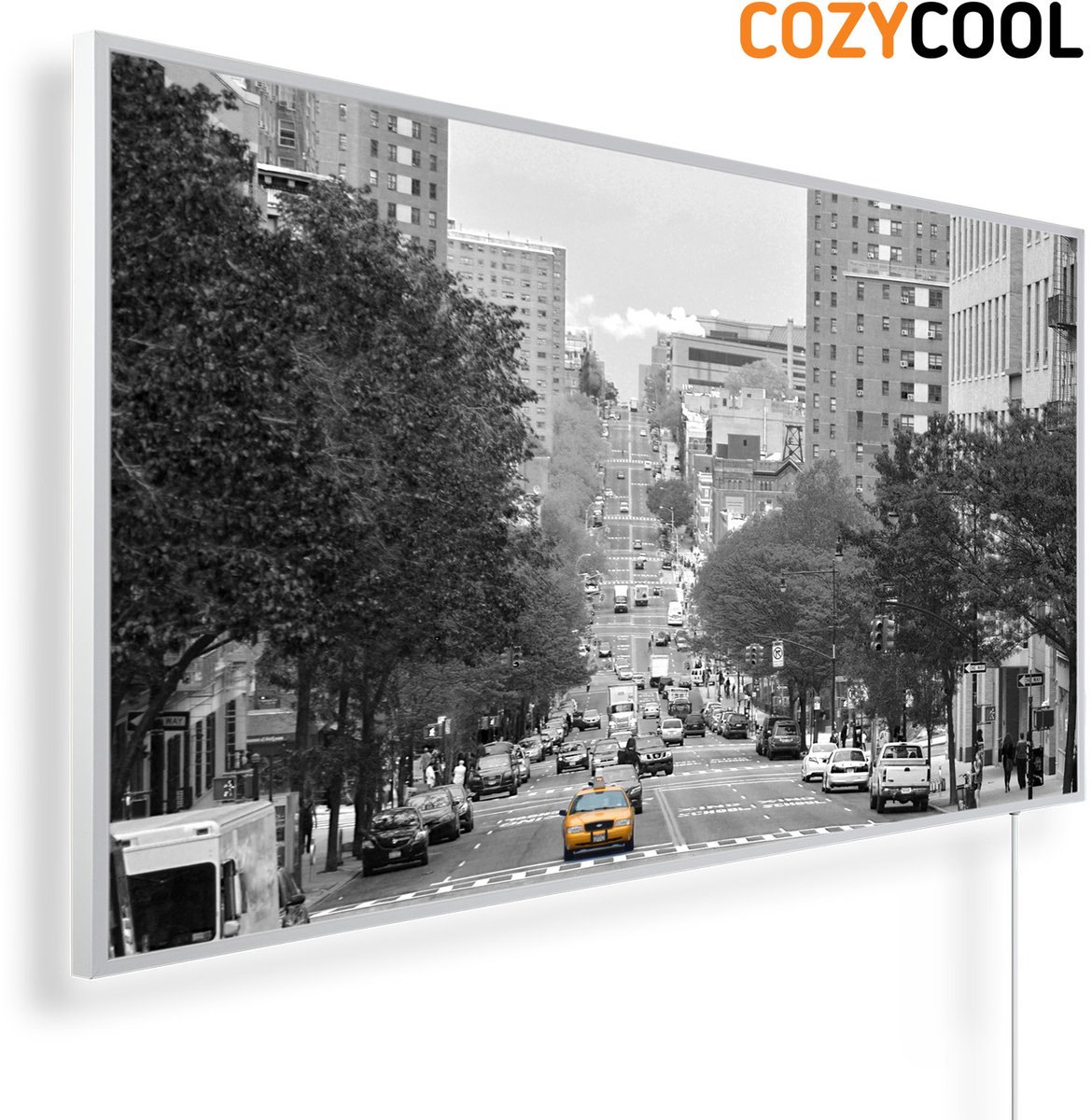 Infraroodpaneel met afbeelding | Gele taxi in Brooklyn New York | 1200 Watt | Witte lijst | Infrarood verwarmingspaneel | Infrarood paneel | Infrarood verwarming