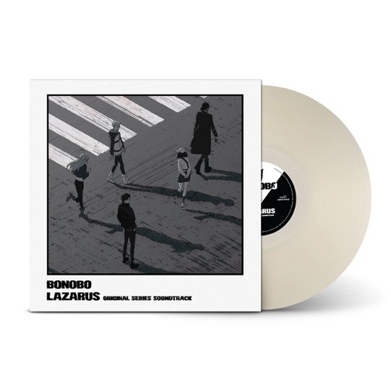 Albumhoes met de titel BONOBO LAZARUS ORIGINAL SERIES SOUNDTRACK, met een tekening van vijf personen op een zebrapad.