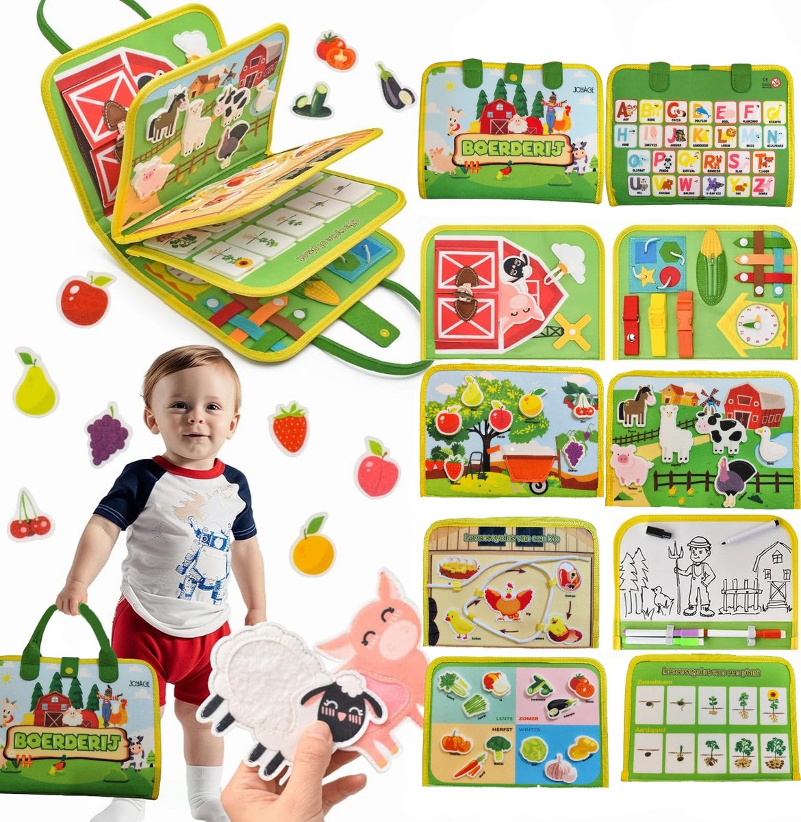 Joyage Boerderij Busy Board Montessori Speelgoed - NL - Reisspeelgoed Motoriek Speelgoed voor onderweg in de auto – Peuter speelgoed jongens Meisjes speelgoed 3 jaar Jongens speelgoed 4 jaar - Montessori activiteitenboek - Educatief speelgoed 2 jaar