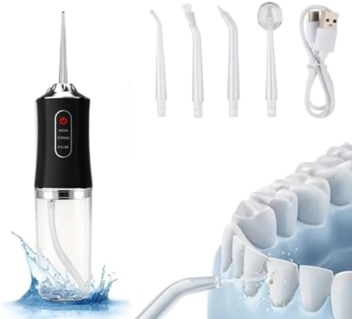 Monddouche - Draadloze elektrische waterflosser - Tandenborstel - Oplaadbaar - Monddouche - Waterflosser - Draagbaar - Tandendouche - 3 standen en 4 sproeiers - Geschikt voor reizen en mondverzorging - 21 x 5,8 cm - Zwart