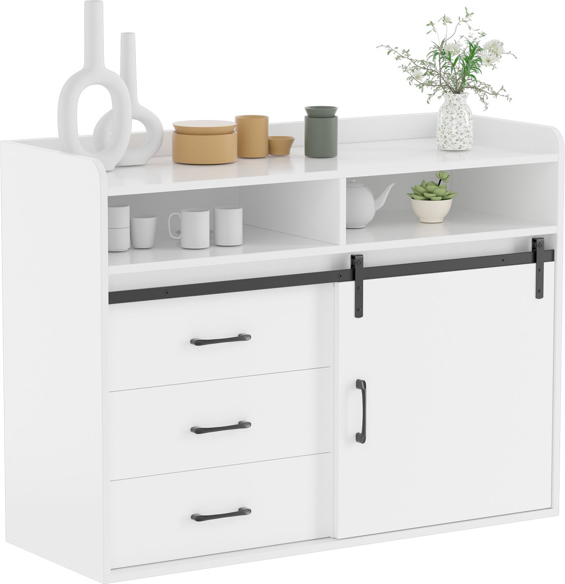 HOMAVO HG1-S Buffetkast – Moderne Opbergkast met Lades & Deur – 107×80×40 cm – Wit / Vintage Bruin / Eiken – Voor Eetkamer, Hal of Kantoor