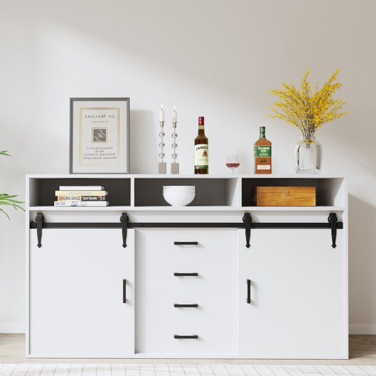 HOMAVO HG1-L Buffetkast – Moderne Opbergkast met Lade en Schuifdeuren – FSC® – Wit of Vintage Bruin – 140×80×40 cm