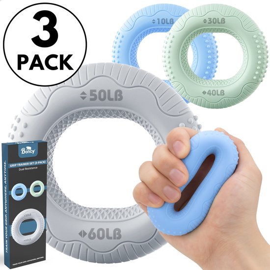 Boncy® Handtrainer Set - 3-Pack met 6 Weerstanden - Grip trainer Onderarm , Hand & Pols - Stressbal Hand - Stressballen Set voor Volwassenen en Kinderen - Handknijper Fitness Gripper - Handtrainers Vingertrainer Gripster Forearm - Stress bal Stresbal