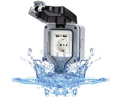 Buitenstopcontact met USB-aansluiting voor buiten, IP66 waterdicht stopcontact, tuinstopcontact, opbouwmontage, beschermend contact voor vochtige ruimtes, buiten met klep.