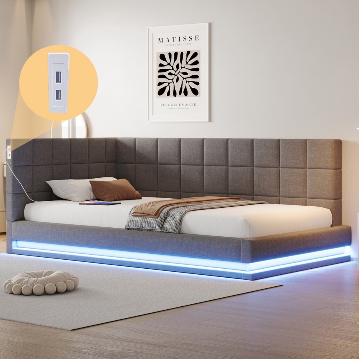 Komhtom Gestoffeerde slaapbank 90*200 Multifunctioneel bed met led-lichtstrip, USB-aansluiting en lattenbodem, aangenaam aanvoelende grijze fluweelstof