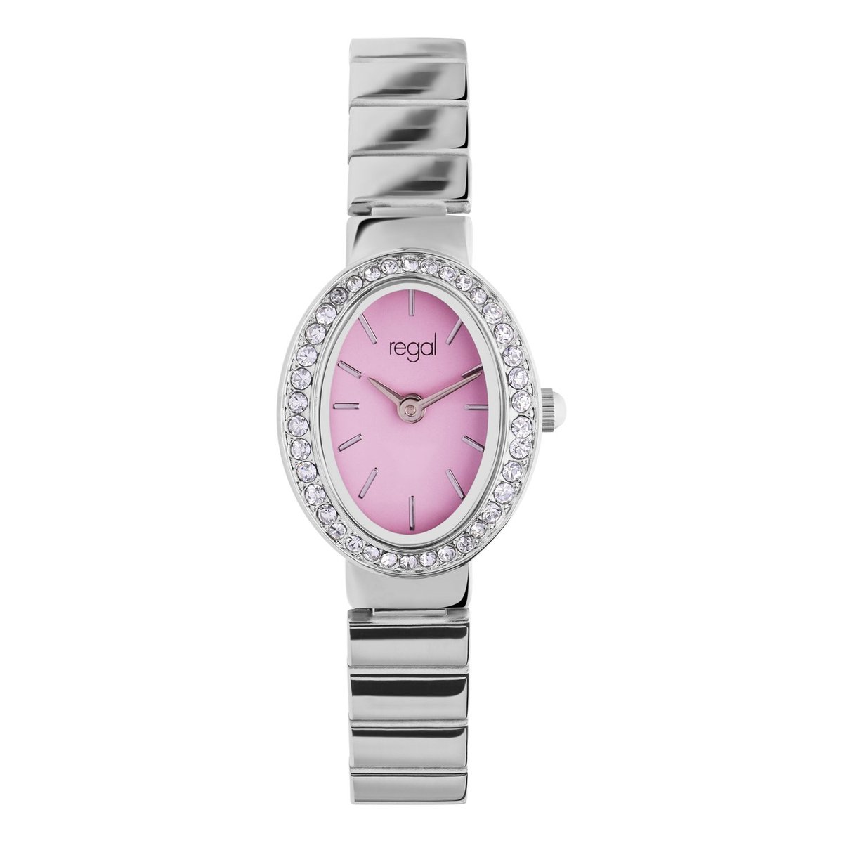 Lucardi Dames Regal dameshorloge roze wijzerplaat met steentjes - Horloge - Alloy - Zilverkleurig - 21 mm