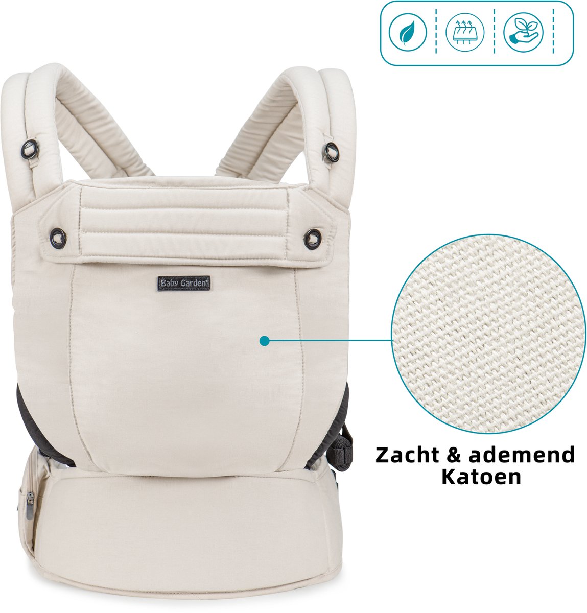 Baby Garden Premium baby draagzak van katoen - Ergonomisch & Comfortabel - met Nekstondersteuning - Tot 15 kg - Incl. Slabbetje - Beige – foto 5