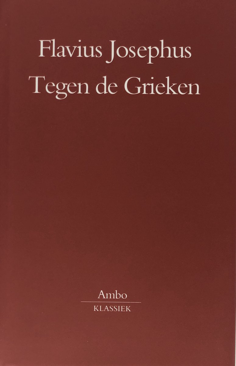Boek 'Flavius Josephus Tegen de Grieken' op een rode achtergrond met 'Ambo KLASSIEK' onderaan.