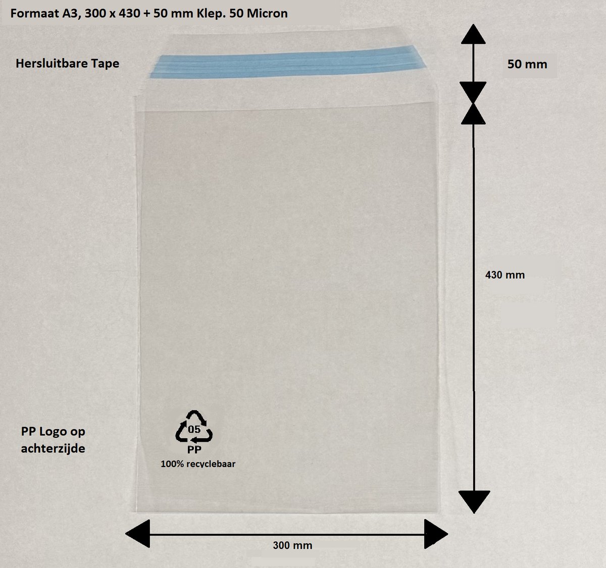 100x Plastic zakjes - A3+, 305x420+50 mm Cellofaan -zakjes met plakstrip - 50 micron - Transparant - PP zakjes 100% recyclebaar