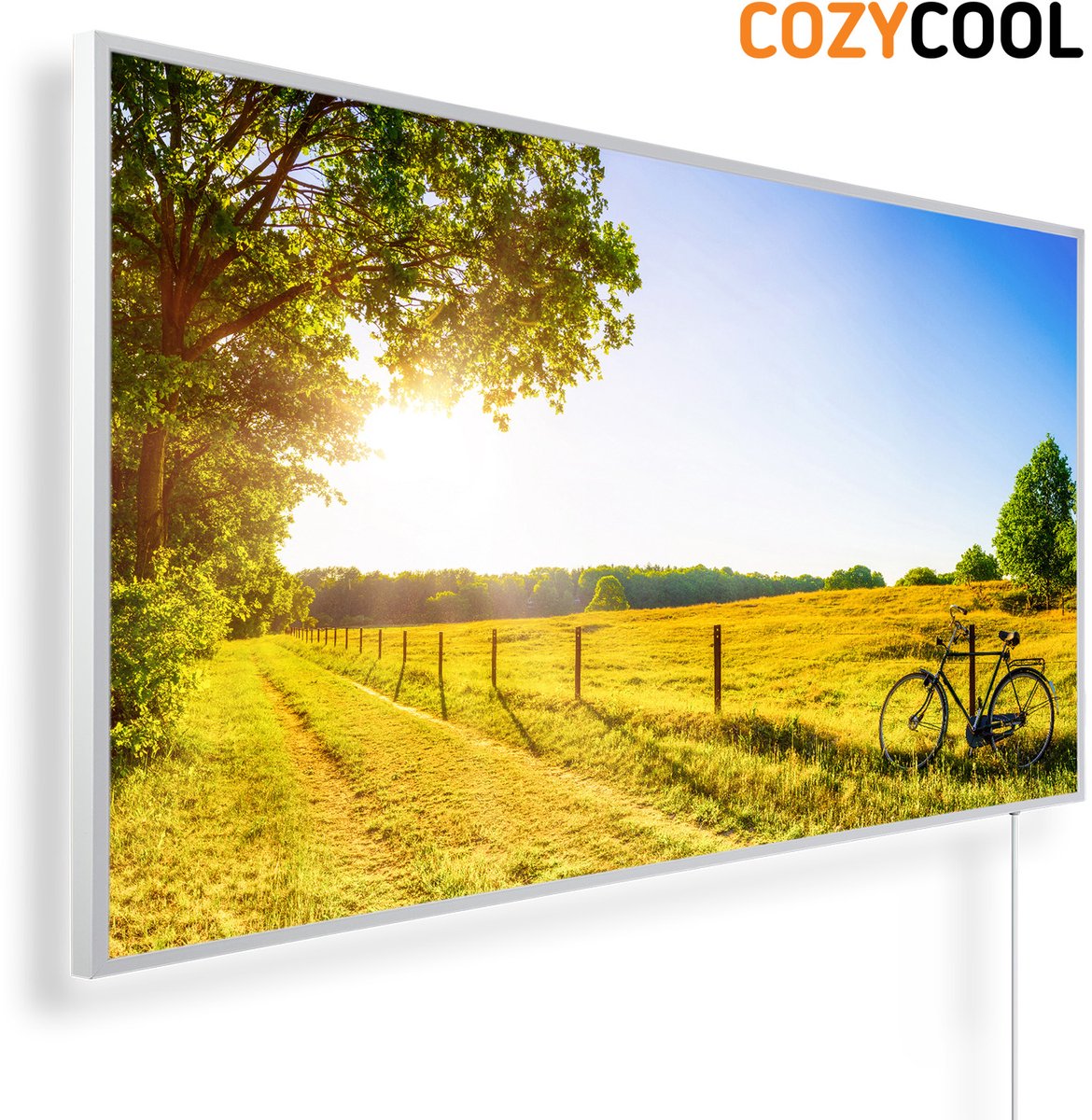 Infraroodpaneel met afbeelding | Landschap met fiets | 1200 Watt | Witte lijst | Infrarood verwarmingspaneel | Infrarood paneel | Infrarood verwarming