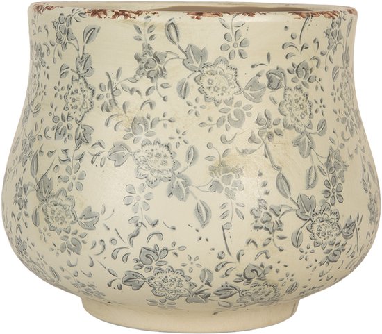Crèmekleurige keramieken bloempot met een rustiek grijs bloemenmotief en verweerde rand.