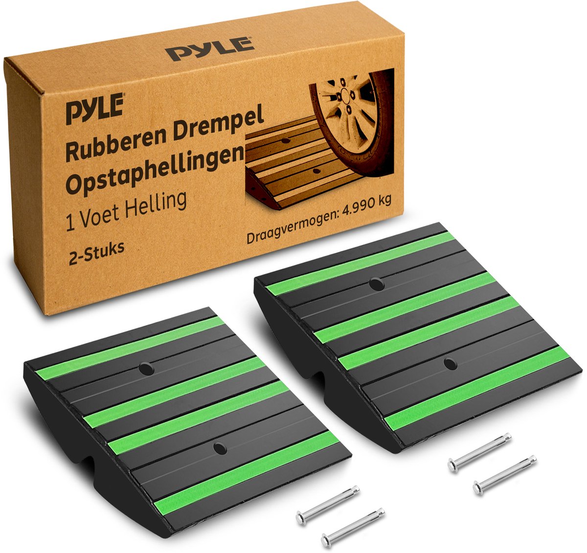 Pyle Drempel Oprijplaat - Set van 2 Zware Antisliprubber, Rubberen Groene Reflecterende Strips - Ideaal voor Opritten, Trottoirs en Voertuigoprijplaten