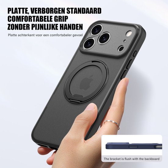 IYUPP Hoesje geschikt voor iPhone 17 Pro Hoesje - Geschikt voor MagSafe - 360 graden Draaibare Telefoonstandaard - Kickstand Magnetisch Back Cover - Zwart