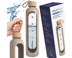 Aquafloow Drinkfles, glas, 1000 ml, motiverend, met siliconen hoes, waterfles van borosilicaatglas met bamboe dop, ideaal voor op kantoor, op school, in de sportschool, 28,5 cm, kleur beige
