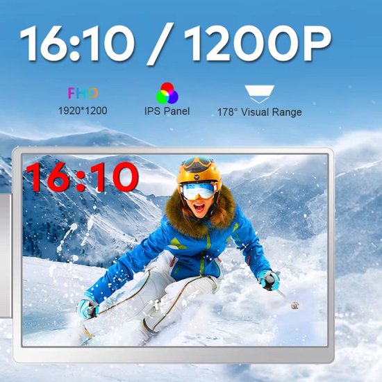 Scherm met 16:10 beeldverhouding en 1200p resolutie. Toont een skiër in de bergen. 'IPS Panel 178° Visual Range'.