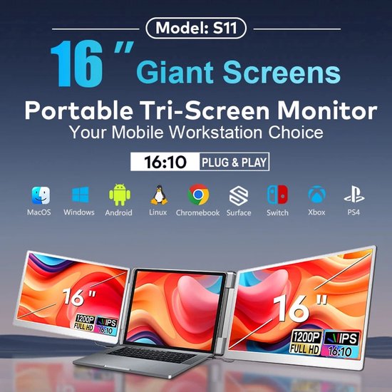 16" draagbare tri-screen monitor. Geschikt voor macOS, Windows, Android, Linux, Chromebook, Surface, Switch, Xbox, PS4. '16:10 Plug & Play'.