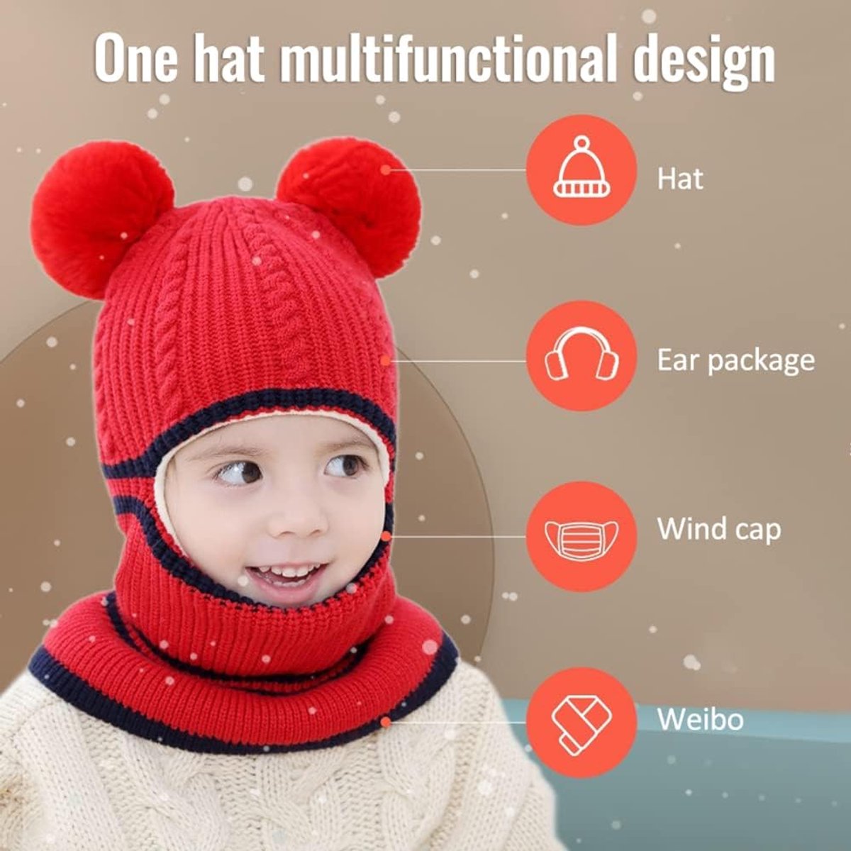 Muts - Kindermuts - Winter Muts - Gebreide wintermuts - Sjaalset - Muts 3-in-1 - Warme mutsen voor jongens en meisjes van 3 tot 6 jaar - Sjaal met schuifkap - Gebreide muts met pompon - Rood — cadeau in Mode & Accessoires - foto 6