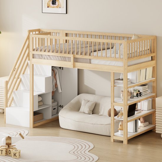 Lit mezzanine 90 x 200 cm - clôture haute - avec armoire à vêtements - étagères et espace de rangement avec échelle de sécurité - couleur tronc d'arbre - sans matelas