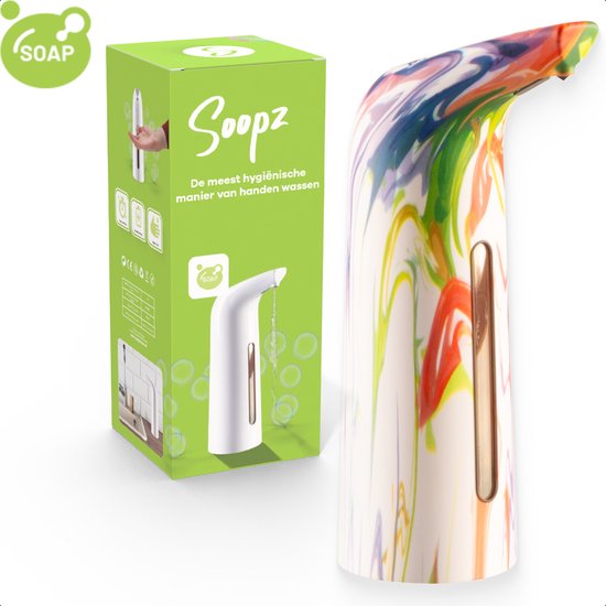 Soopz automatische zeepdispenser in 'Rainbow Fusion Elegance' met een doos, veelkleurige swirl-patroon.