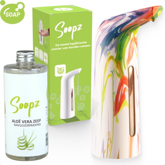 Zeepdispenser met regenboogpatroon, navulverpakking aloë vera zeep en de verpakking van de dispenser.