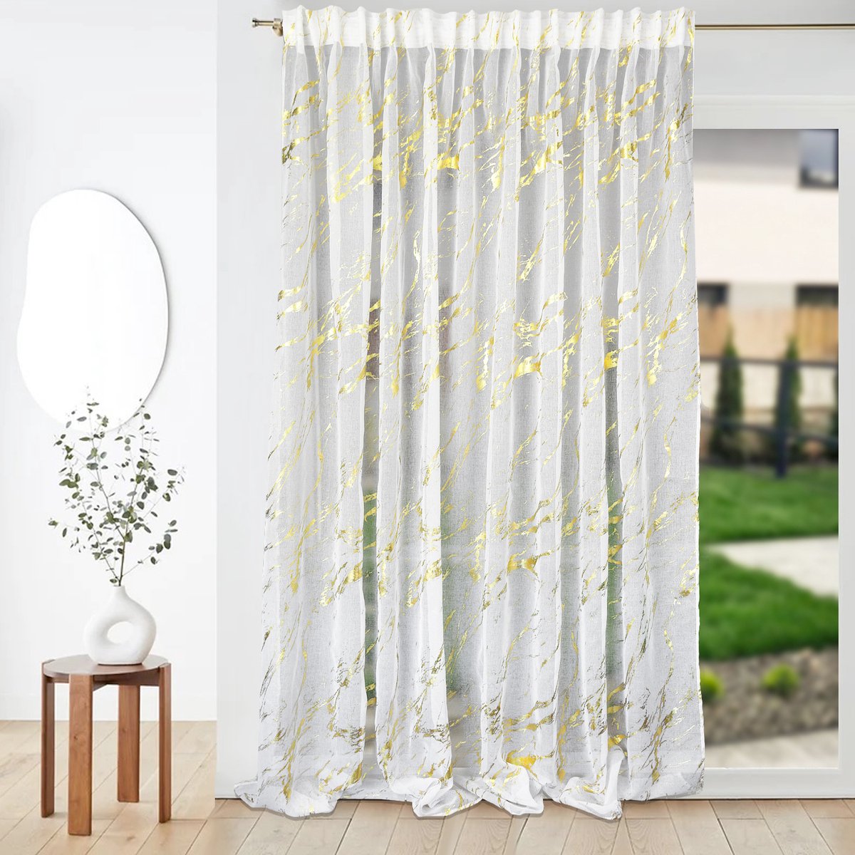 Gordijnen- Vitrage - 300cm x 250cm - Marmer patroon - Wit met goud - moderne woonstijl