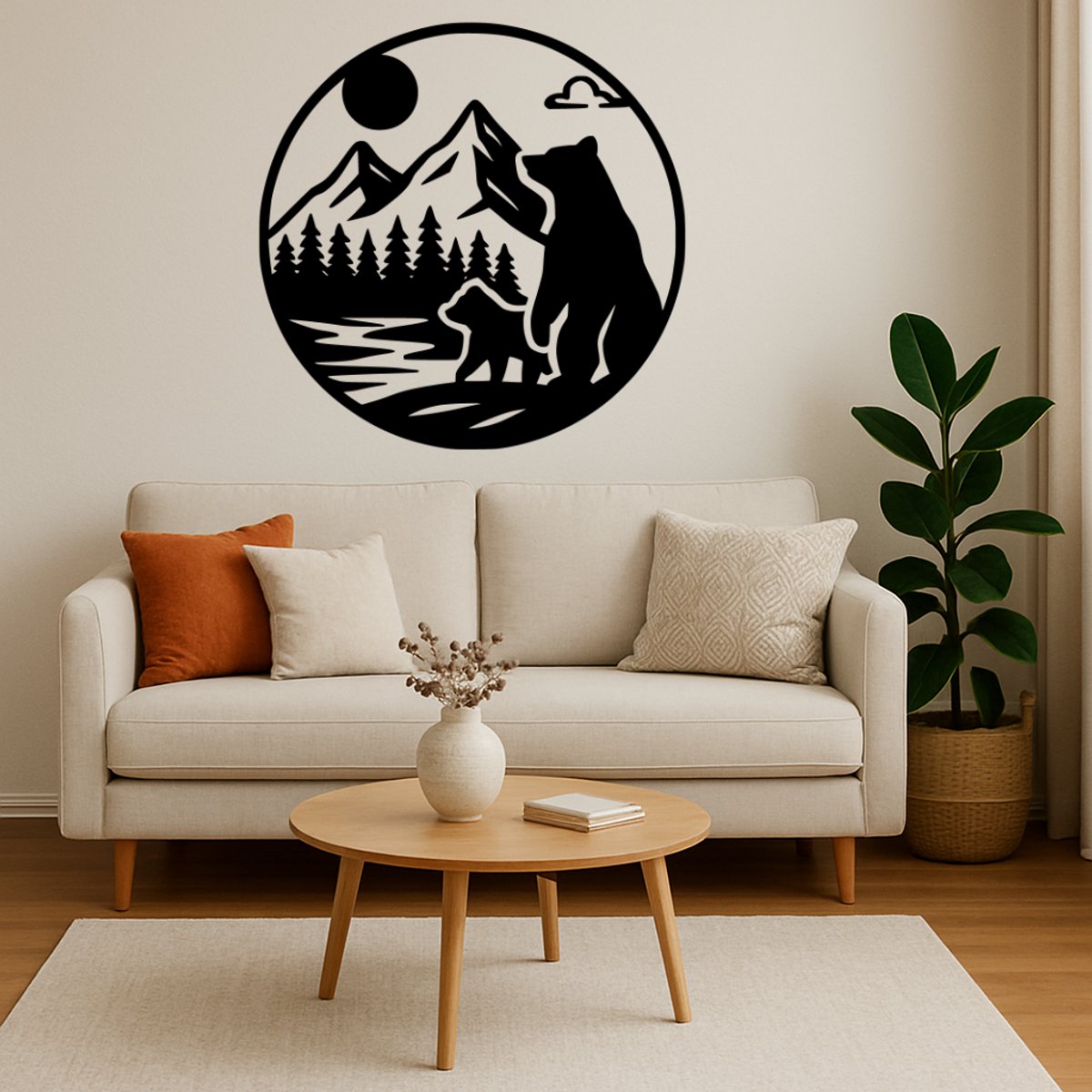 Beer met Welp in Cirkel Wanddecoratie Hout – Natuur Muurdecoratie – Lasergesneden Dieren Design – Compact Cadeau voor Natuurliefhebber – Woonkamer & Kantoor Decor – 30 cm Breed