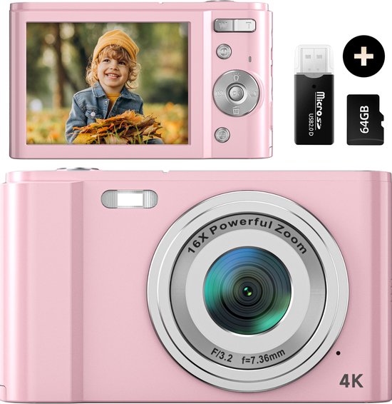 K&L Digitale Camera 4K - 64MP - Fototoestel - Compact Camera - Vlog Camera - Voor Kinderen - Inclusief 64GB - NL Software