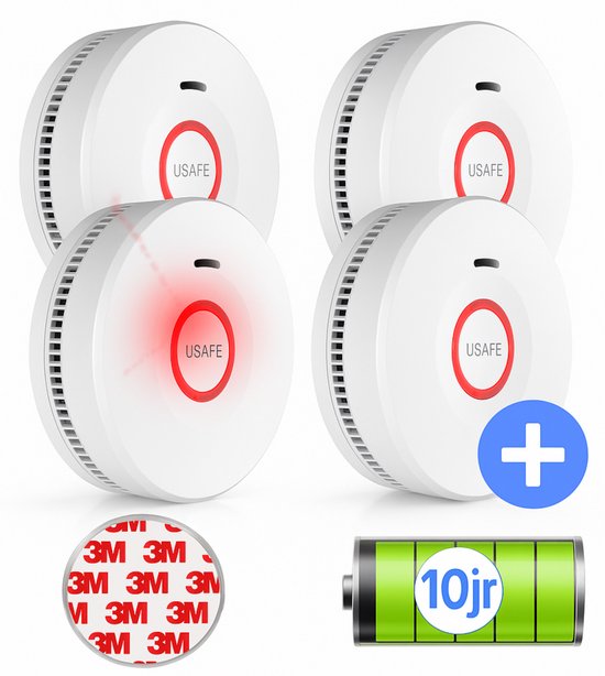 USAFE® Rookmelder Set 4 Stuks – 3+1 Gratis Inclusief Magneetmontage – 10 Jaar Batterij – 85dB Alarm & LED – Brandalarm EN 14604 Gecertificeerd