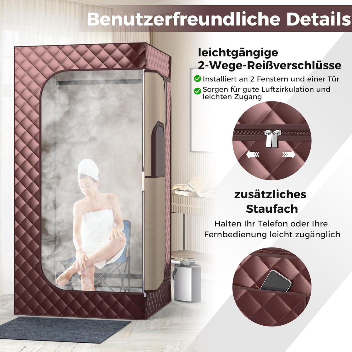 COSTWAY Stoomsauna, thuissauna voor thuis, full-body saunabox met 3-liter stoomgenerator, afstandsbediening, voetmassageapparaat en klapstoel, draagbare saunatent 91 x 91 x 183 cm (bruin) thumbnail 2