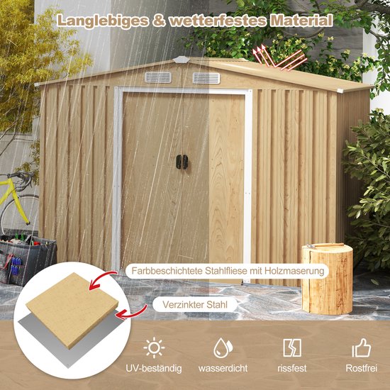 Abri de jardin en métal COSTWAY, verrouillable, avec fondations, abri de jardin avec 4 fentes d'aération, porte coulissante et rampe, abri de jardin, abri en métal, abri de jardin, naturel (259 x 196 x 184 cm)