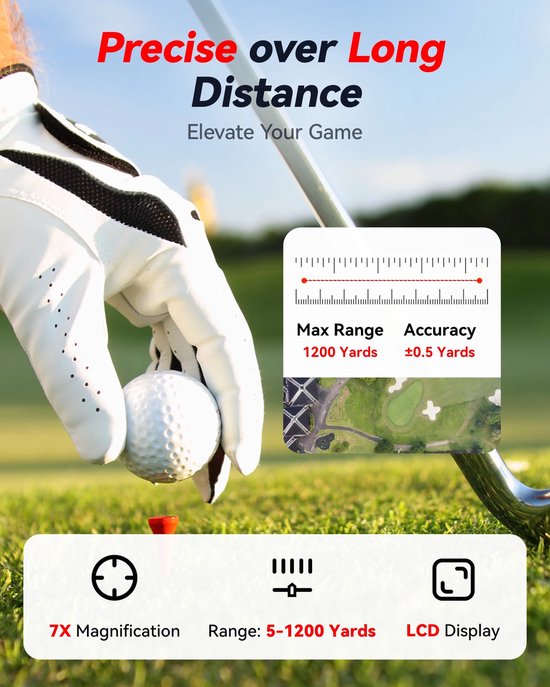 Golfafstandsmeter - laser rangefinder 1000 m / 1200 yards - 7x vergroting - hellingscorrectie - oplaadbaar - nauwkeurig en compact - geschikt voor golf, jacht en sport — afbeelding 2