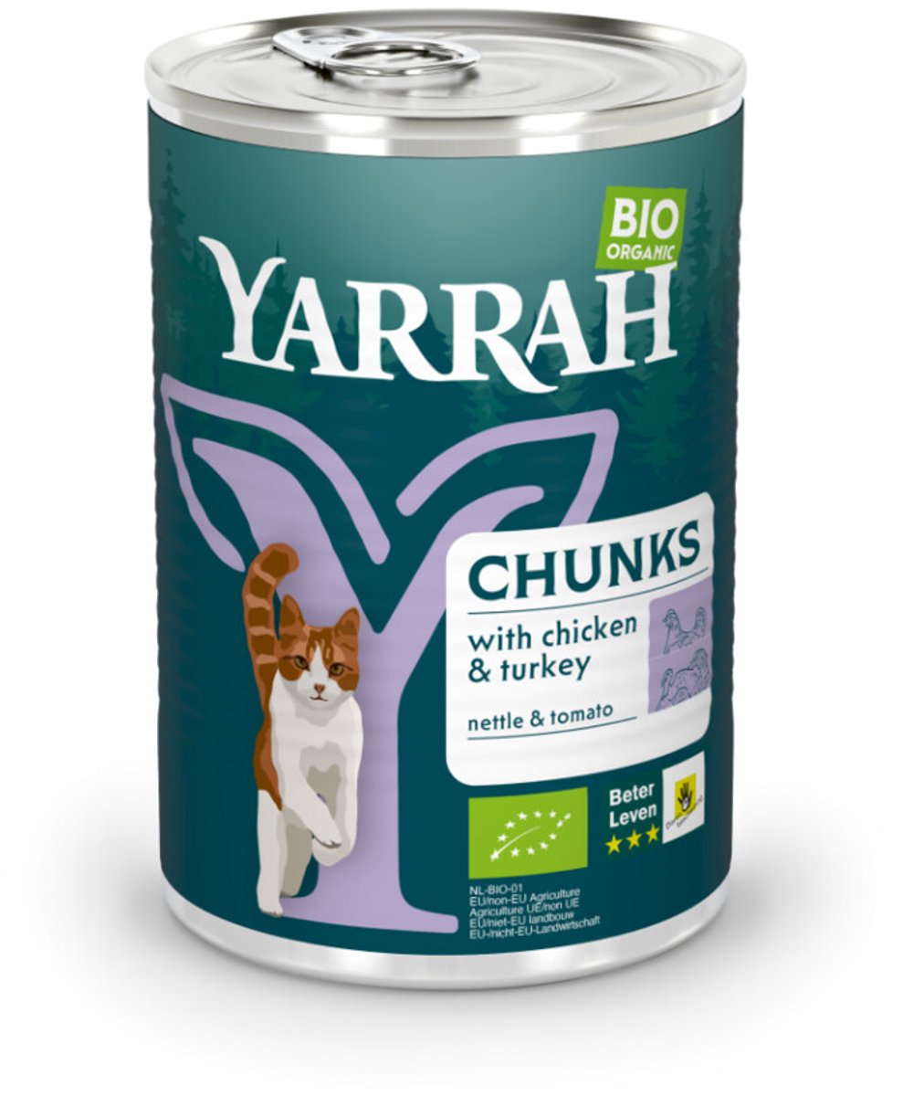 12x Yarrah Bio Kattenvoer Chunks Kip&Kalkoen 405 gr