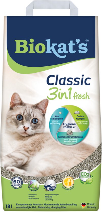 Zak Biokat's Classic 3in1 fresh kattenbakvulling met kat, indicatie '60 Days' en 'Made in Germany'.