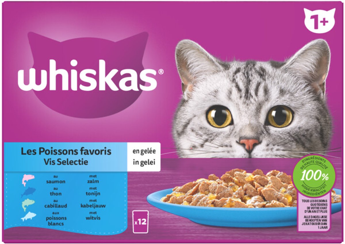 Whiskas 1+ Vis Selectie in gelei - Kattenvoer - Zalm - Tonijn - 0,012 kg
