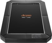 Zwarte rechthoekige Avyna trampoline met 'PRO-LINE' logo en waarschuwingsstickers.