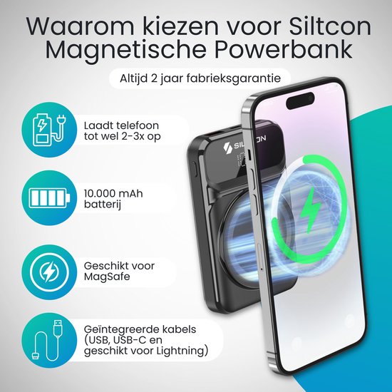 Zwarte Siltcon magnetische powerbank met 10.000 mAh batterij, MagSafe-compatibel, met geïntegreerde kabels.