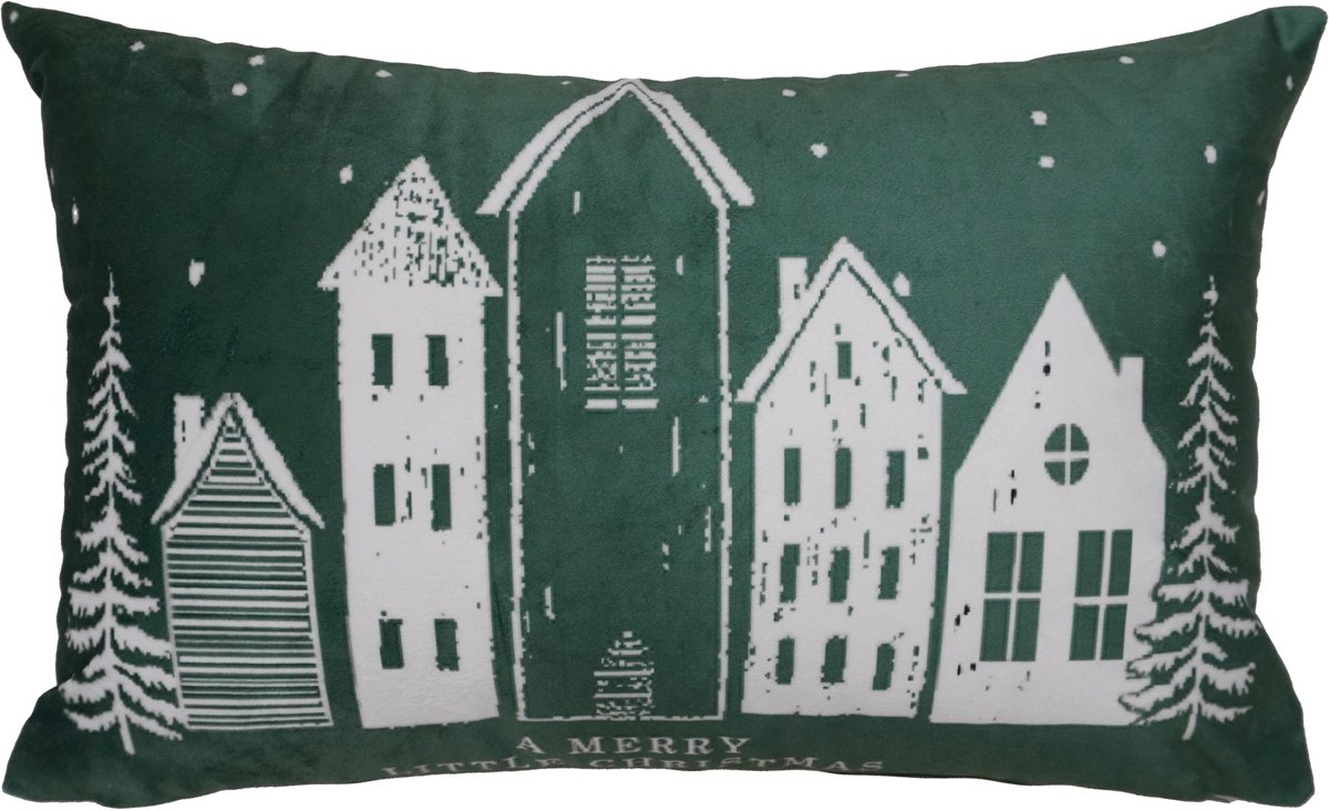 Urbane Hide Kerstkussen - Kerst Kussenhoes Bedrukt met Winterhuisjes en Sneeuw - Rechthoekige Kussenhoesjes - Kerstkussens met A Merry Little Christmas Design - 30x50 cm - Polyester - Groen/Wit - Zonder Binnenkussen Type A