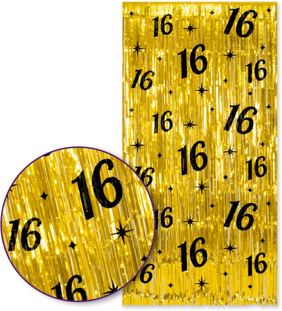 Q2P – 16 Jaar Foliegordijn – Goud & Zwart – 100×200 cm – Zelfklevend – Sweet 16 Versiering – Fotomuur – Backdrop Party Decoratie