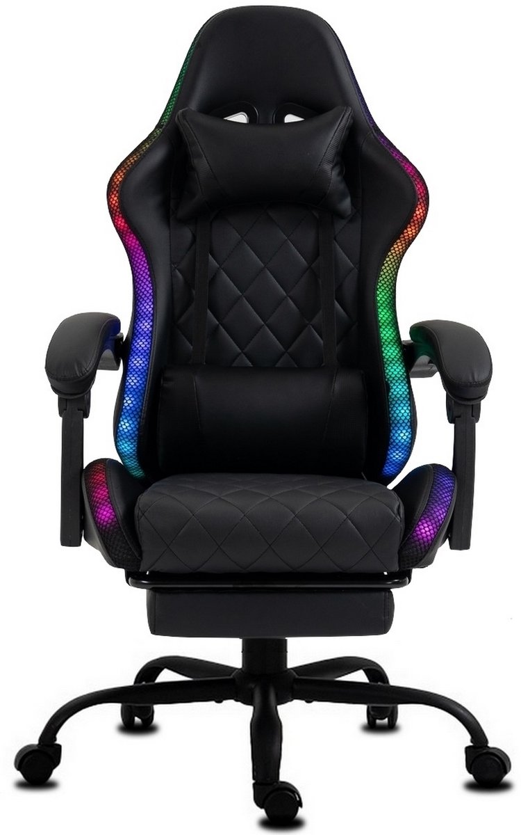 Delman Gaming Stoel met Massagefunctie, LED RGB Verlichting, Ergonomische Bureaustoel met Hoofdsteun, Lendenkussen, Voetsteun, 360° Draaibaar, Verstelbare Rugleuning 90°-135°, Max. 150 kg