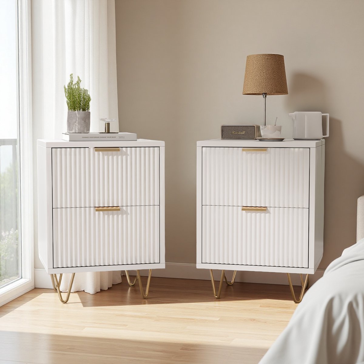 2x Nachtkastje 55x40x40 cm | 2 Laden | Geschikt voor Boxspringbed | Wit | Bedside, Bijzettafel & Telefontafel