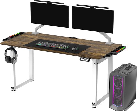 Ultradesk UPLIFT LED RGB – Bureau réglable électriquement – ​​Marron – Gaming, bureau et Home – Office x 75 cm – Avec Siècle des Lumières LED et tapis de souris XL