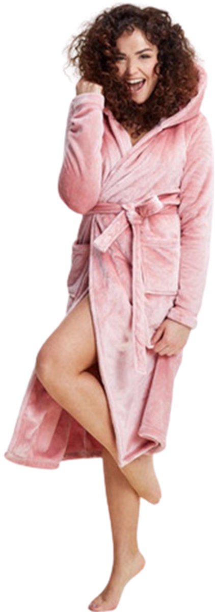 Charlie Choe badjas dames - 100 % zacht fleece - lang model - dames badjas met capuchon - trendy ochtendjas - roze - maat XS