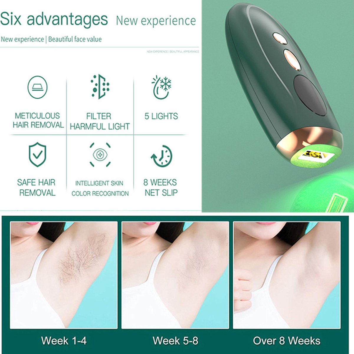 Draagbaar IPL-laserapparaat voor ontharing, 999999 flitsen - permanente en pijnloze ontharing, voor vrouwelijk lichaam en bikinilijn, lichtgroen thumbnail 2