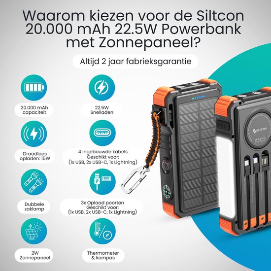 Zwarte en oranje Siltcon powerbank met 20.000 mAh, zonnepaneel, 4 ingebouwde kabels, 3x poorten, thermometer en kompas.