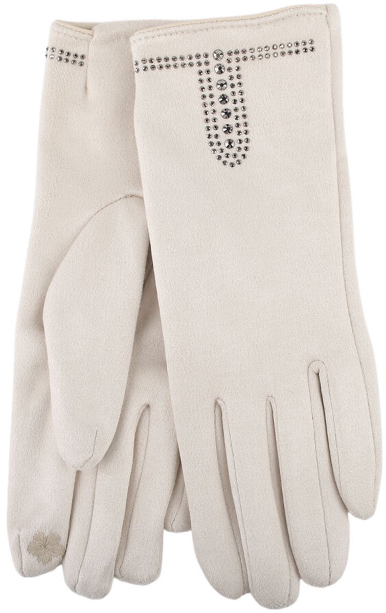 Stevige faux suede dames handschoenen Minka-strass steentjes-effen ecru-touchscreenfunctie