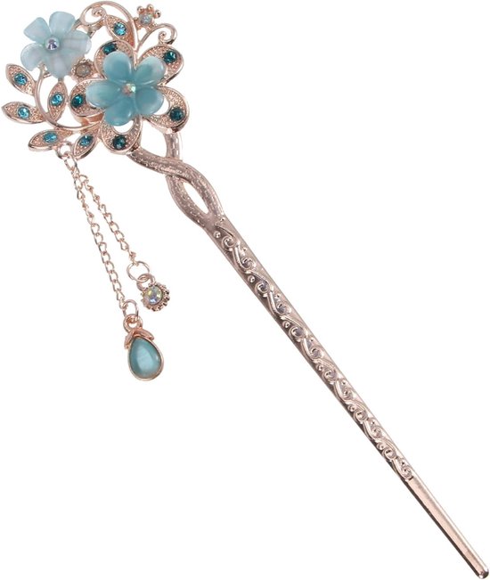 Épingle à cheveux chinoise Somstyle - Décoration de cheveux avec opale - Épingle à cheveux - Bâtonnet à cheveux style asiatique - Or rose / Blauw