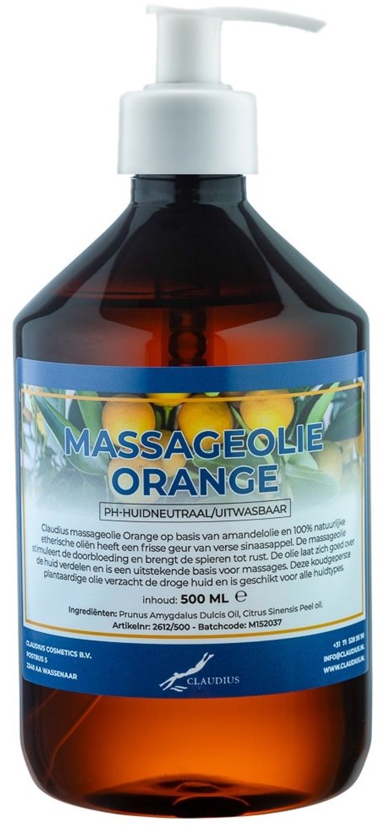 Massageolie Orange 500 ml met witte pomp - 100% natuurlijk - biologisch en koud geperst