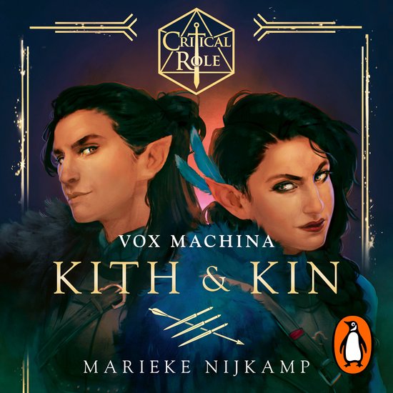 Boekomslag met twee elfen, Kith & Kin in grote letters, met het Critical Role logo en een pinguïn.