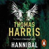 Boekomslag van Hannibal door Thomas Harris, met een groen-zwarte, verontrustende achtergrond en een gestileerde witte vleugelpartij boven de titel.