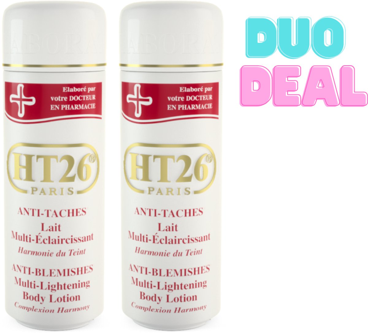 HT26 Paris 2 X 500ML Multi-Eclaircissant Anti-Taches Bodylotion – Lait Corps Anti‑Pigment – Verheldert en Harmoniseert de Teint – Met Zoete Amandelolie & Vitamine E – Droogteverminderend & Satijnzacht